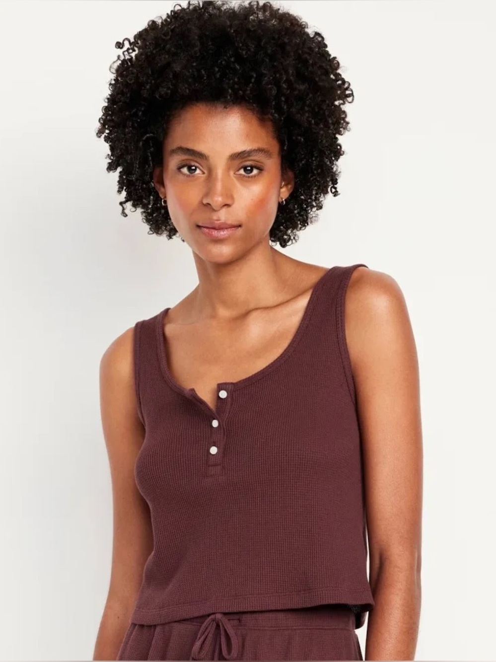 Old Navy Women's Thermal-knit Cropped Henley Lounge Tank Top Burgundy Brown M